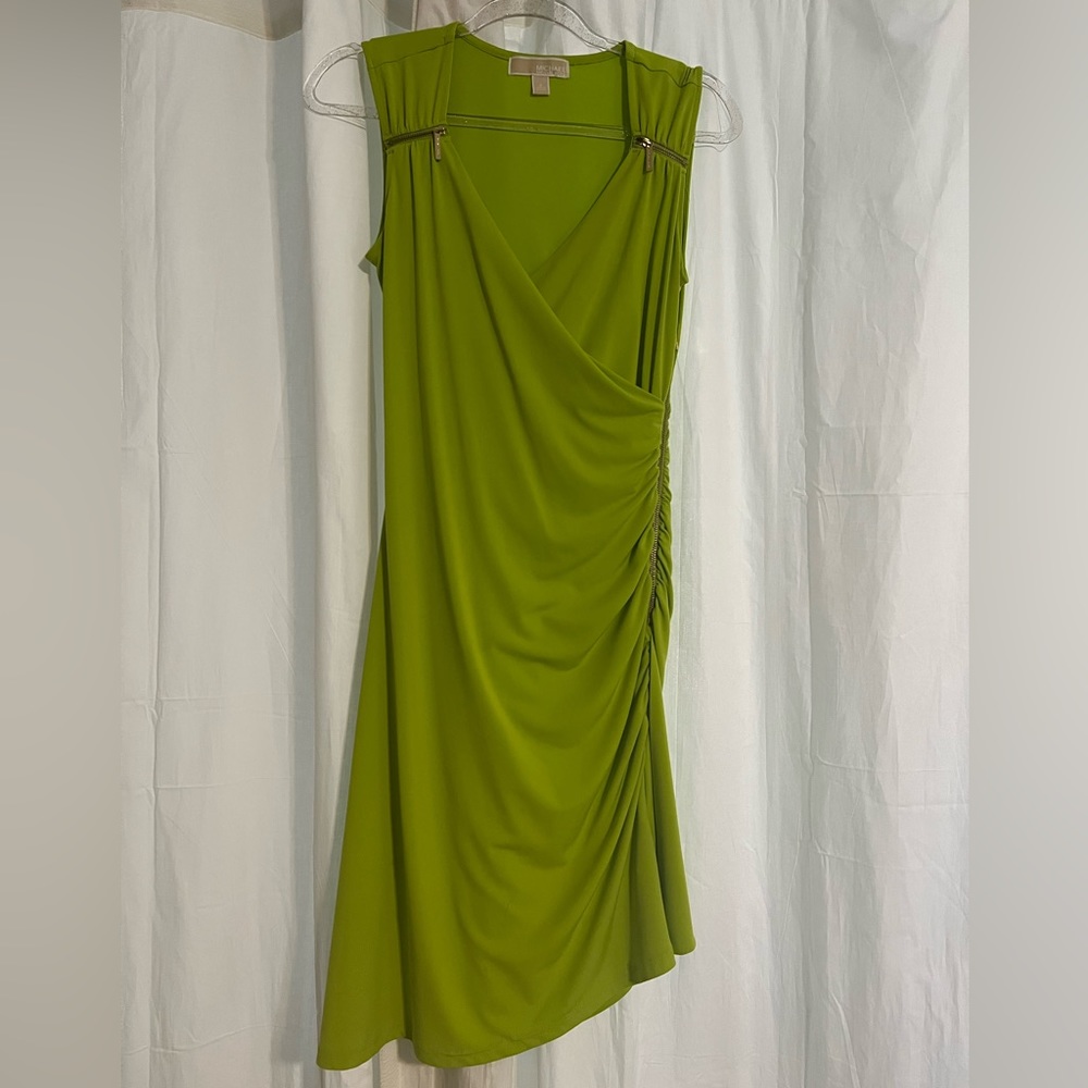 Michael Kors Green Body Con Asymmetrical Gold Zippered Dress
